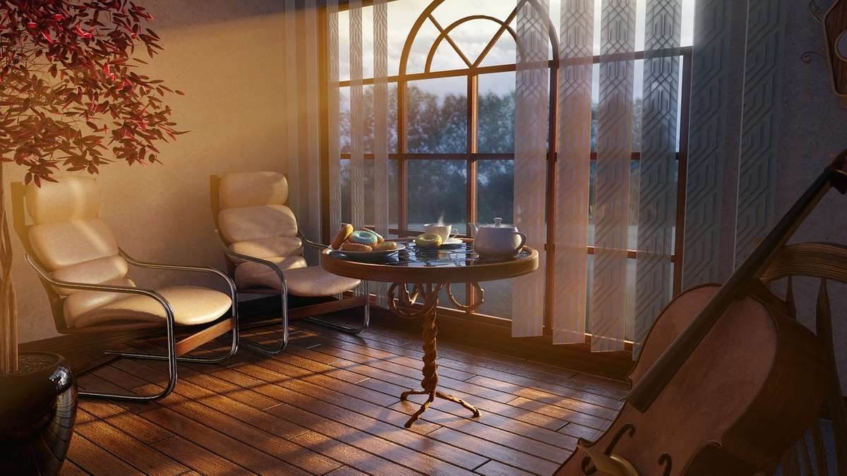 Une salle lumineuse avec chaises, table de thé, violon et vue par la fenêtre